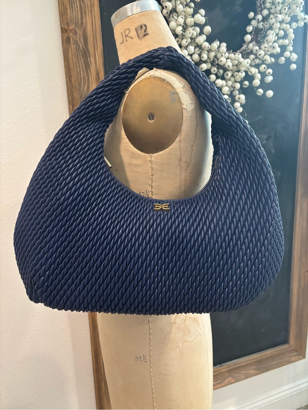 Sold Out Sam Edelman Julia Hobo Bag Puffy Purse Woven Navy Blue Gold Moon